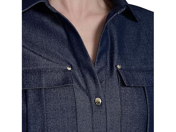 Halston Women (XS) Roll-tab Sleeve Denim-like Top