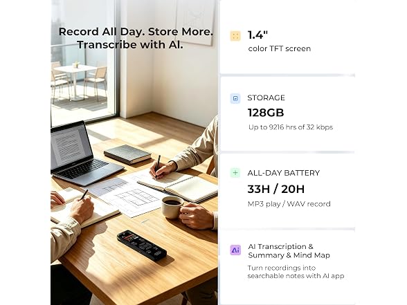 EVISTR Digital Voice Recorder 128GB AI