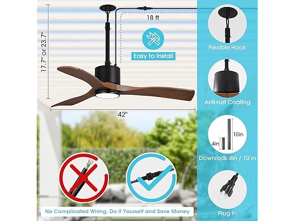 Parrot Uncle F5001BR 42" Outdoor Ceiling Fan, Walnut