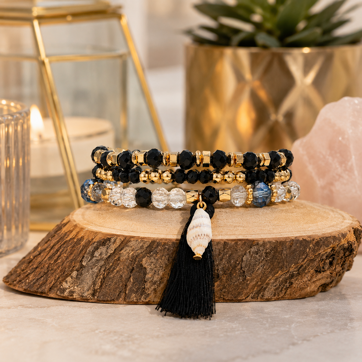 Stretch Beaded Bracelet Stack with Tassel & Shell Charm - Gallery 6