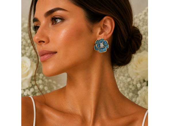18K Gold Blue Floral Crystal Studs
