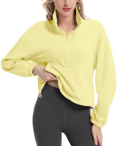 FKEEP Quarter Zip Pullover Women Cropped Sweatshirt Long Sleeve Crop Top Stand Collar Drawstring Casual Pullover