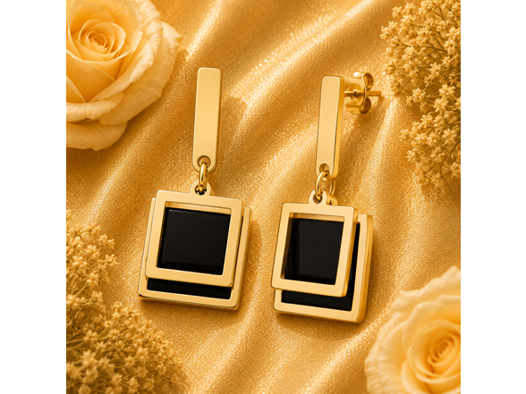 18K Gold Black Square Drop Earrings