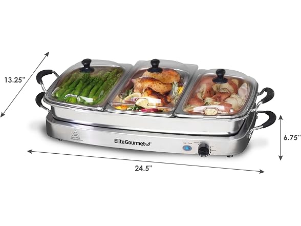 Elite Gourmet Triple 3 x 2.5 Quart Trays Buffet Server