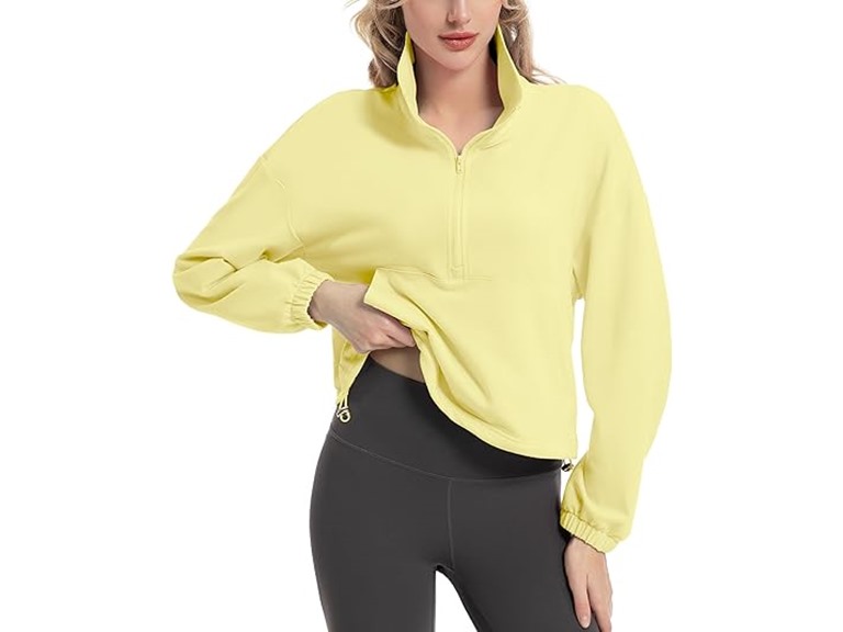 FKEEP Quarter Zip Pullover Women Cropped Sweatshirt Long Sleeve Crop Top Stand Collar Drawstring Casual Pullover