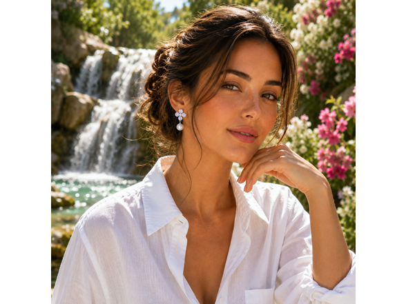 Saffron S/S Silver Tone Drop Earrings with Cubic Zirconia and Pearl