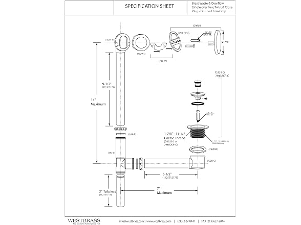 Westbrass A321H-07 14" Brass Bath Waste & Overflow Assembly