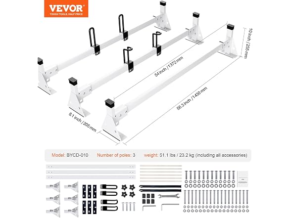 Trailer Ladder Rack, 54" 3 Crossbars Ladder Roof