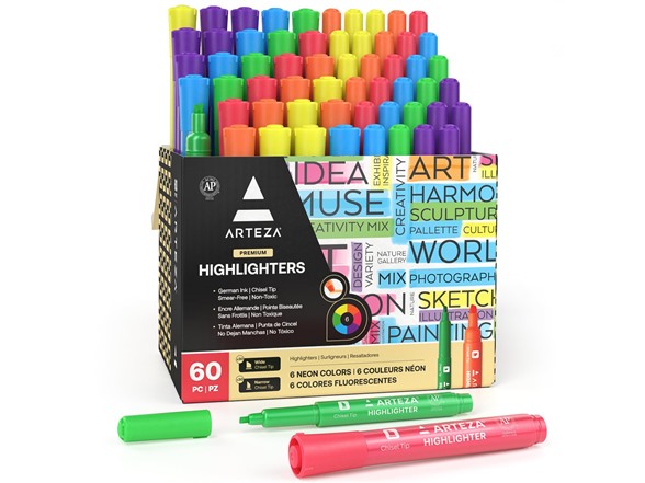 ARTEZA Highlighters Assorted Colors, 60-ct