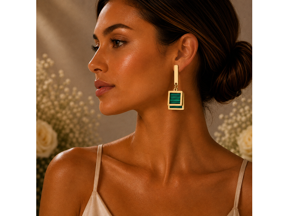 18K Gold Green Square Drop Earrings