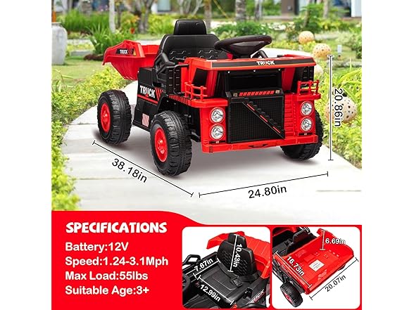 12V Ride On Dump Truck Red