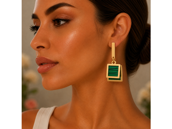 18K Gold Green Square Drop Earrings