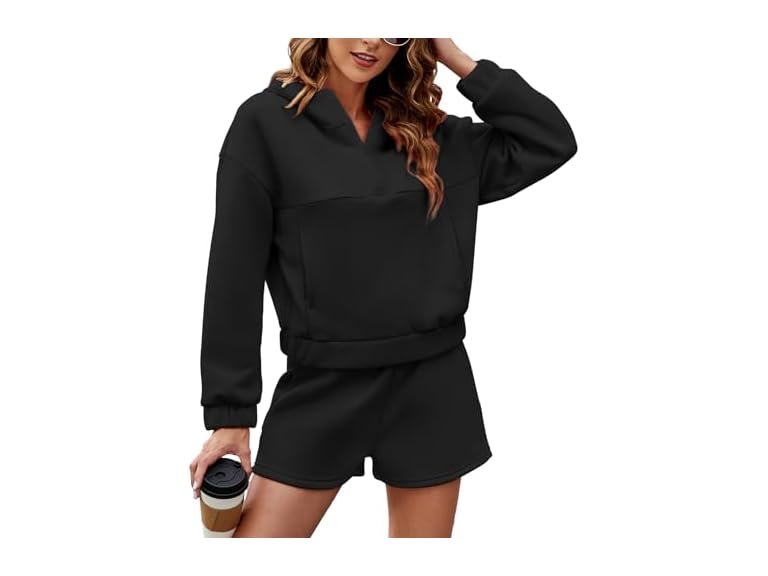 FKEEP Womens 2 Piece Sweatsuit Outfits Half Zip Hoodie Sweat with Shorts Pockets Lounge Winter Tracksuit Wear Matching Set
