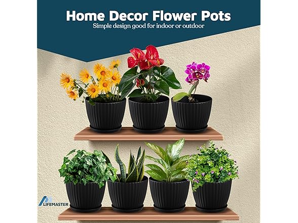 Lifemaster Black 6-Inch Plant Pots with Drainage & Saucers 24 Pack