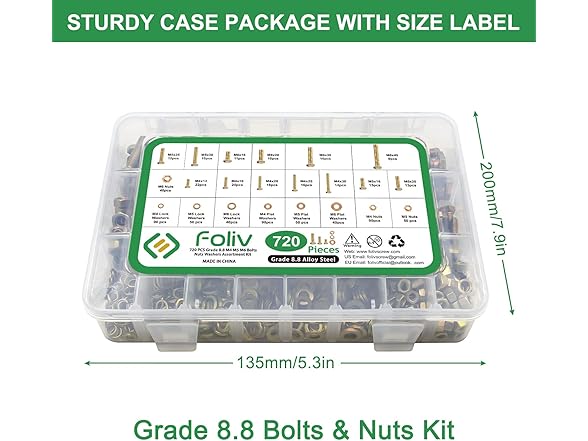 FOLIV 720pcs M4 M5 M6 Grade 8.8 Metric Bolt Assortment