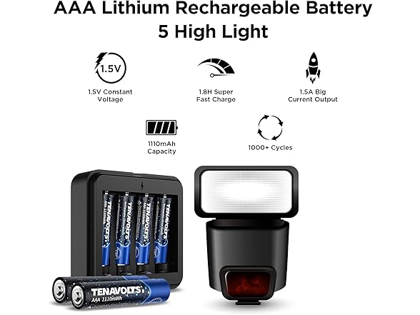 (4 PACK) TENAVOLTS 1.5V Lithium Rechargeable AAA Battery