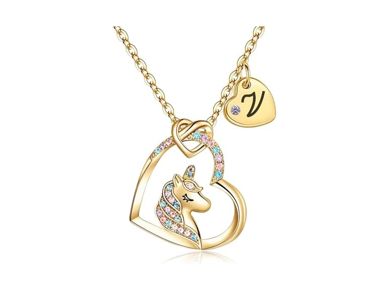 Rucher Unicorn Necklace for Girls Kids with Personalized Initial Heart Pendant, 18K Gold Fashion Jewelry for Girls, Colorful Heart Necklace for Birthday Gifts.