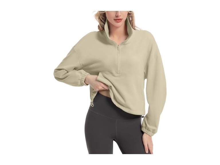 FKEEP Quarter Zip Pullover Women Cropped Sweatshirt Long Sleeve Crop Top Stand Collar Drawstring Casual Pullover zApricot a S