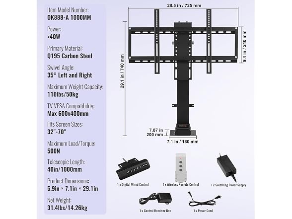 Motorized TV Lift with Swivel, Adjustable Height