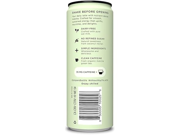 12PK Pop & Bottle, Oat Milk Lattes - Matcha Green Tea