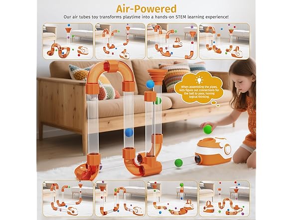 Air-Powered STEM Building Toys - Play while Charging, Rechargeable STEM Toys for 3+ Year Old, Boy & Girl Birthday Gift, Air Tubes Kids Toys Learning Educational Toy for Kids & Teens (Open Box)