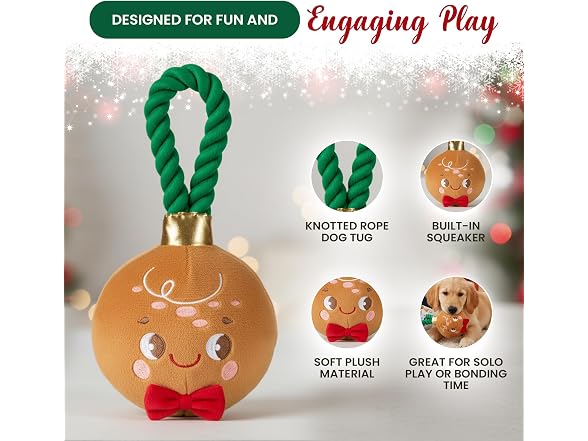 Bow Wow Pet Gingerbread Ornament Rope Plush Dog Toy