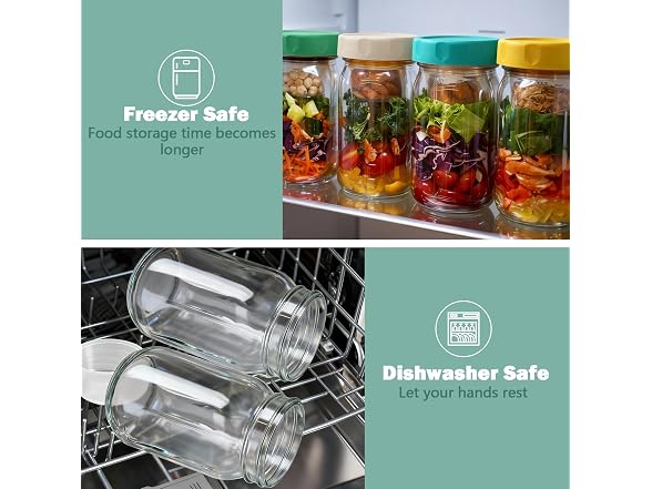 EKACO 4 Pack Glass Salad Jars 32 Oz - Leakproof Mason Jars
