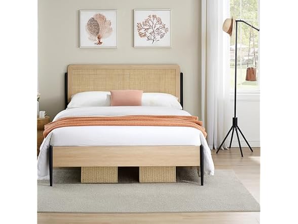 Queen Boho Bed Rattan Headboard Wood Oak
