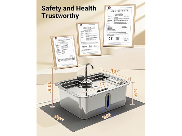 3.96Gal/15L Large Dog Water Fountain with Pet Mat 