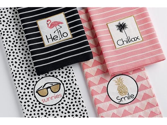 DII Hello Pink Flamingo Dish Towel Embellished Cotton Black