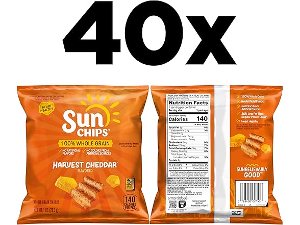 40PK SunChips 100% Whole Grain Chips, Harvest Cheddar