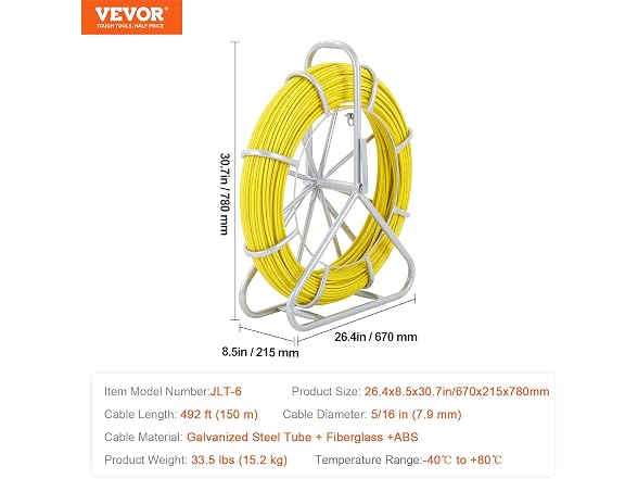 Fish Tape Fiberglass, 492 ft, 5/16 in, Duct