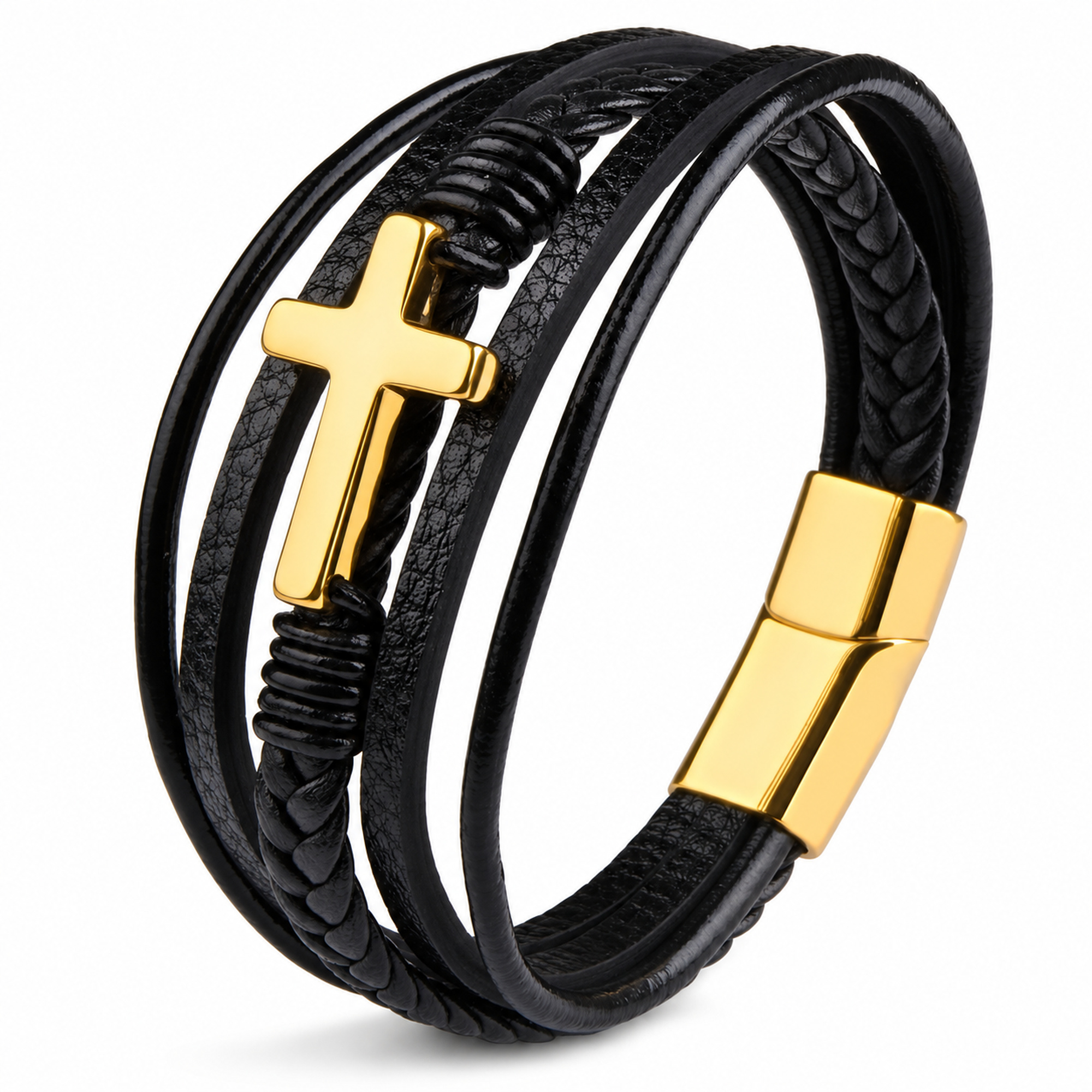 Mens Braided Leather Cross Bracelet - Gallery 5