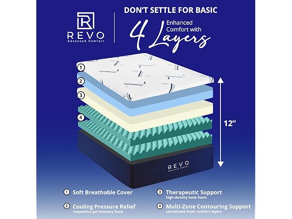 REVO 12 Inch Gel Memory Foam Mattress, King, Medium