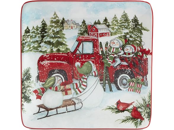 Red Truck Snowman 8.5" Salad/Dessert Plates, Set of 4