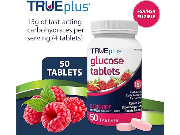 50Ct TRUEplus Glucose Tablets, Chewable, Raspberry