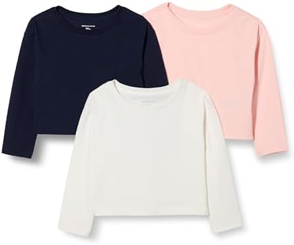 Amazon Essentials Girls' Long Sleeve T Shirts, Pack of 3, Ivory/Navy/Pink, Small