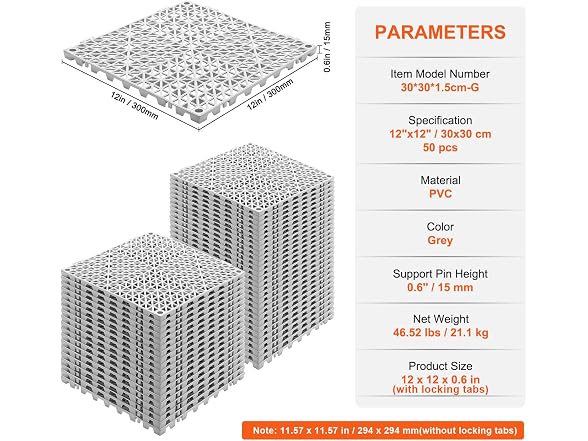 Interlocking Tile 50PCS Gray, Drainage Tiles 12"