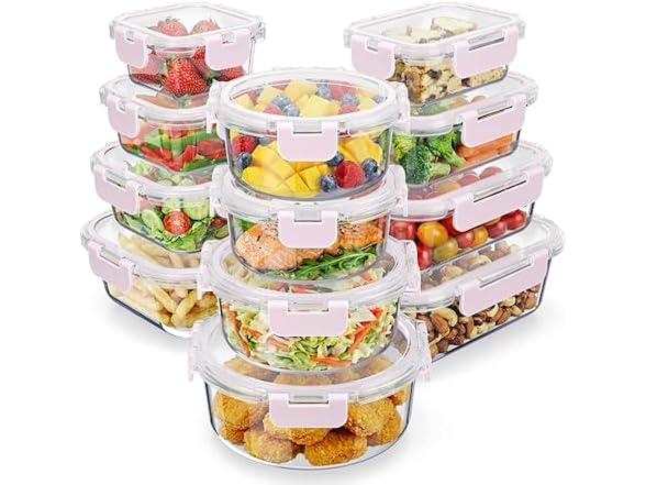 Glass Food Storage Containers with Lids 24 Pieces Pink