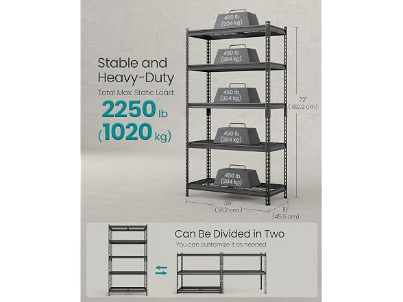 SONGMICS 5-Tier Steel Storage Shelves, Boltless Assembly, 2,250 lb Load