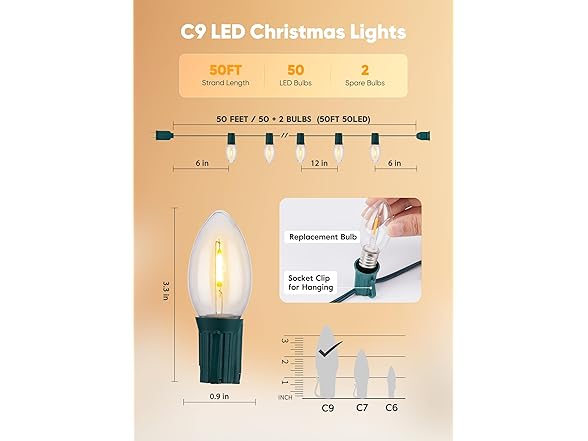 Minetom Vintage C9 LED Christmas Lights Outdoor Warm White, 50ft