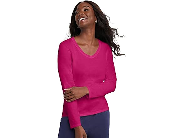 Hanes Women (M) Long Sleeve Cotton V-neck T-shirt