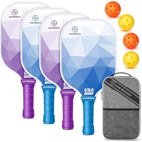 Mayboom Pickleball Paddles Set of 4, USAPA Approved Pickleball Set with 4 Pickleball Balls and Pickleball Bag, Fiberglass Pickle Ball Rackets 2 Pack for Beginner(Crystal 4Set)