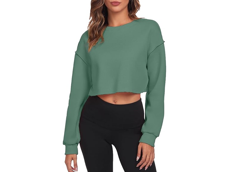 FKEEP Cropped Sweatshirts for Women Long Sleeves Crewneck Pullover Crop Tops Oversized Fit