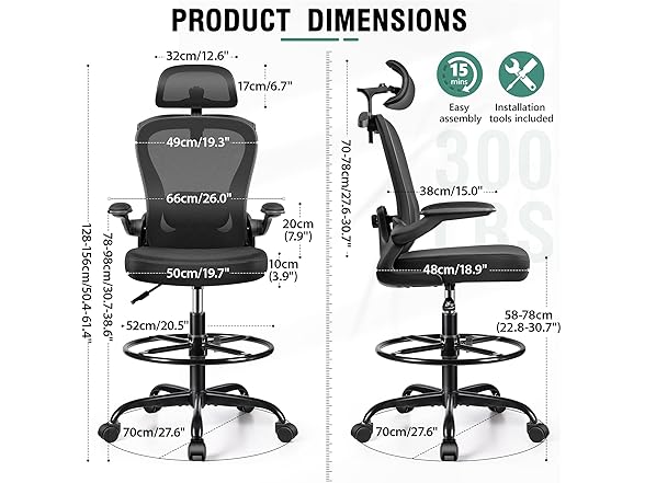 Drafting Chair, Tall Office Chair with 3D Lumbar & Head Support, Ergonomic Mesh Standing Desk Chair with Footring, Comfy Extended High Desk Chair with Flip-Up Arms & Hanger,Black (Open Box)
