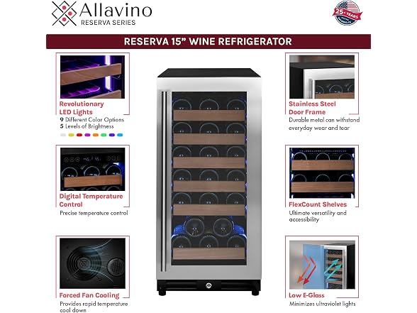 Allavino Reserva Series 30-Bottle Single Zone Built-in Wine Cooler Refrigerator