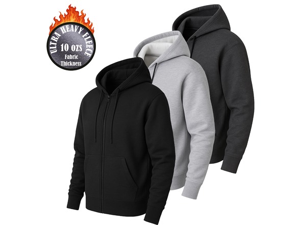 3Pk Mens Heavyweight Fleece-Lined Full Zip Hoodie