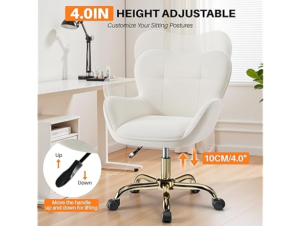 BestEra Vanity Chair with Wheels, Cute Home Office Desk Chairs Adjustable Height for Living Bedroom, Small Modern Fluffy Velvet Makeup Chair with Back for Girls (White) (Open Box)