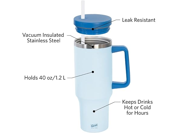 Glad Pioneer Stainless Steel Tumbler with Lid and Straw  40oz, Blue