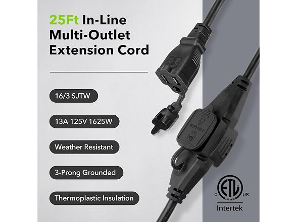 BN-LINK 25 ft Outdoor Extension Cord w/3 Inline Outlet